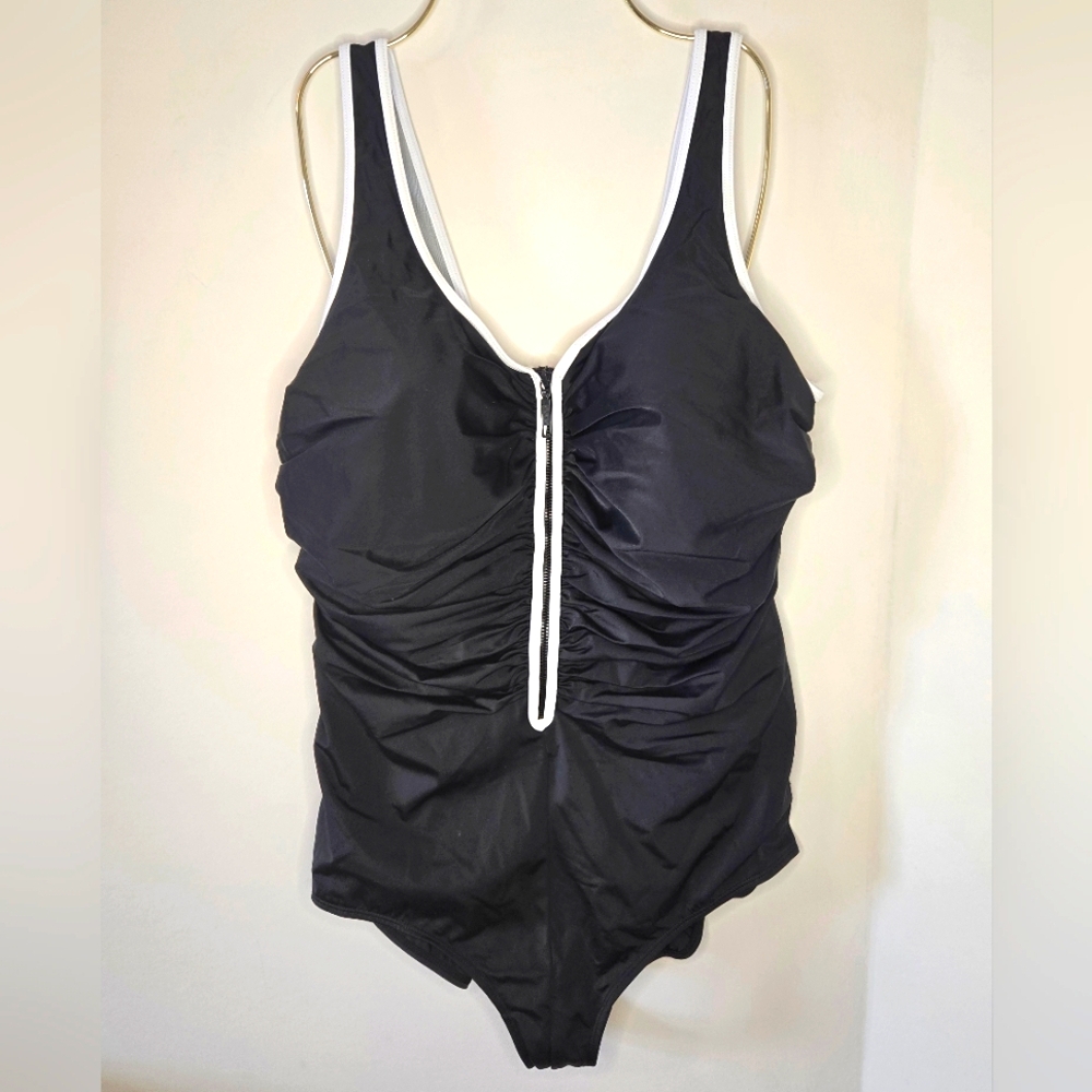 DELMIRA Black One-Piece Swimsuit with White Trim and Zipper, Size 16 Plus